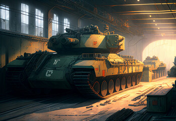 Production of tanks. Factory that creates tanks for military needs..
