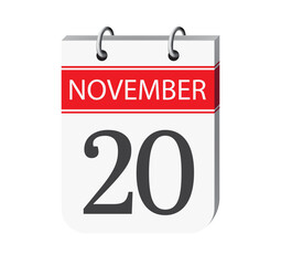 20 november calendar page vector. 3d one day calendar date appointment, schedule, event reminder illustration. Abstract three dimensional daily date appointment, agenda, planner calendar. 