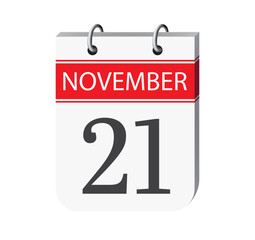 Fototapeta premium 21 november calendar page vector. 3d one day calendar date appointment, schedule, event reminder illustration. Abstract three dimensional daily date appointment, agenda, planner calendar. 