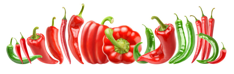 Red and green peppers of different shapes in a row, cut out