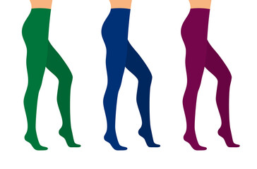 Beautiful female legs in colored tights on a white background, side view. Flat vector illustration