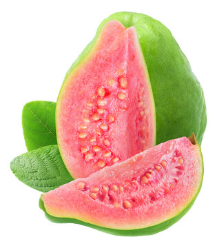 One green pink fleshed guava fruit with cut out slice