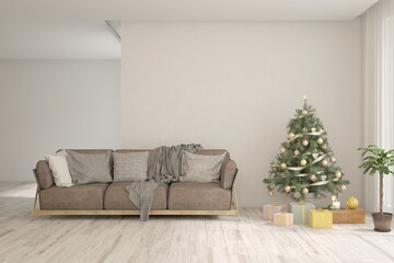 Winter new year interior of living room with sofa. Scandinavian design. 3D illustration