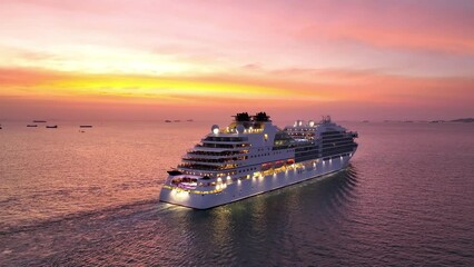 VALENTINE’S DAY CRUISES. Stern of Cruise Ship, Cruise Liners beautiful white cruise ship above luxury cruise in the ocean sea at early in the morning time concept exclusive tourism travel on holiday.