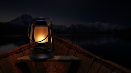 lantern in the boat at night 3d illustration design