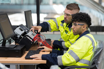 Two male engineers using desktop computer training Programmable logic controller or Programmable...
