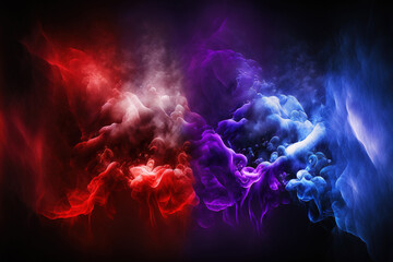 Art photo of smoke moves on black background. Smoke and fog in contrasting vivid red, blue, and purple colors. Generative AI