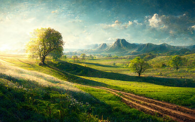 beautiful landscape of a summer green field in the morning, generated by AI