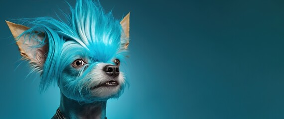 Naklejka premium Dog with a blue shaggy hairstyle, created with Generative AI technology. Copy space. Pet grooming concept.