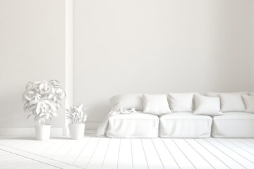 White minimalist living room with sofa. Scandinavian interior design. 3D illustration