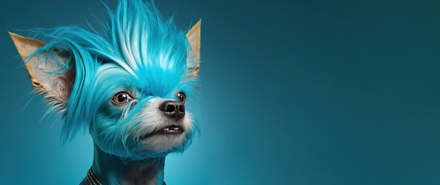 Dog with a blue shaggy hairstyle, created with Generative AI technology. Copy space. Pet grooming concept.