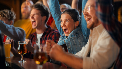 Group of Diverse Friends Cheering for Their Team, Drinking Beer at a Pub Counter. Supportive Fans Cheering, Applauding and Shouting. Joyful Friends Celebrate Victory After the Goal.