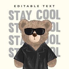 hand-drawn bear toy illustration with a black jacket