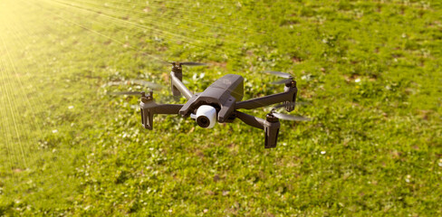 drone flying in the middle of a green meadow
