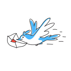 vector drawing with blue happy bird and letter. Can be used for valentine's day greetings, love messages.