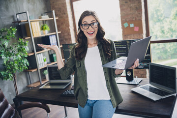 Photo of happy intelligent people created new application app site fixed bugs operating system...