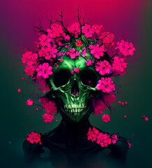 Generative AI abstract render of a human skull with the blossom flowers hair