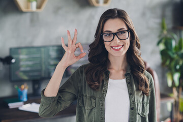 Portrait of cheerful intelligent person toothy smile arm fingers demonstrate okey symbol feedback...