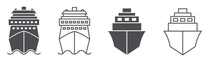 Set of ship icons. Ferry boat symbol, boat, ship front view. Cargo ship, cruise ship, marine sail boat transport, transport signs. Vector. © SVIATOSLAV