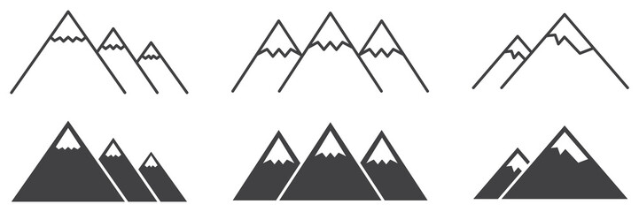 Set of mountains icons. Mountain peaks with snow, peak signs. Vector illustration.
