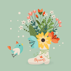 Spring vector illustration for postcards, covers, banners, posters, packaging. Cute bird, flowers, rubber boot, spring