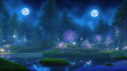 Obraz na płótnie Canvas Fantasy magical enchanted fairy tale landscape with forest lake, fabulous fairytale garden.