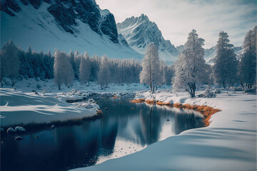 Frozen lake under a blue sky in the winter, Generative AI
