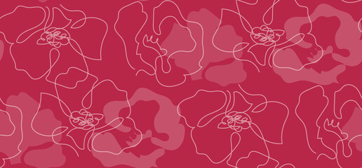 Floral seamless pattern on pink of poppies in continuous one line drawing. Minimalistic line art. Vector illustration.