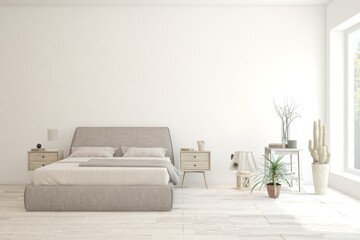 White bedroom interior. Scandinavian design. 3D illustration