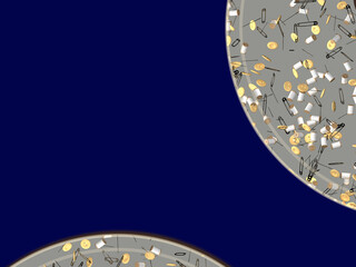 creative background with handicraft tools, button made of needle threads, copy space top view, wallpaper and screensaver blue 3d image