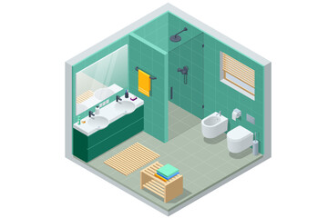 Fototapeta na wymiar Isometric modern bathroom interior with a white toilet, mirror, sink, and shower cabin.