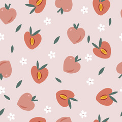 Seamless peach pattern with peaches and white flowers on a pink background.