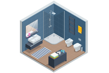 Isometric modern bathroom interior with a white toilet, mirror, sink, and shower cabin.