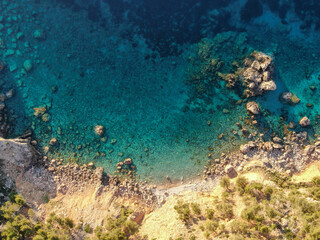  aerial view of the mediterranean sea bird's eye view of waves breaking on the coast. Zenithal view...