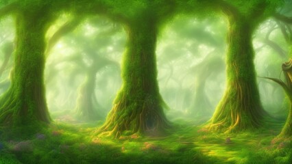 Obraz premium A beautiful fairytale enchanted forest with big trees and great vegetation. Digital painting background.