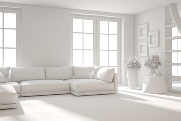 White minimalist living room with sofa. Scandinavian interior design. 3D illustration