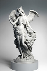 Greek goddess statue on grey background, muse sculpture with wings. AI generated image.