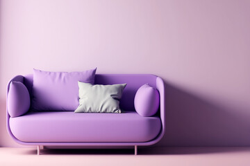 Soft purple sofa on purple background, 3D illustration, AI generated image. Modern minimalistic living room interior detail. Cosiness, social media and sale concept, creative advertisement idea