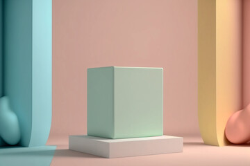Geometric shapes podium for product display, platform on pink background. Stylish background for presentation. Minimal style, minimalistic showcase with empty space. AI midjourney generated image.