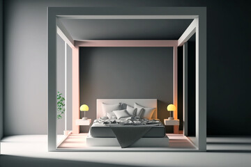 Minimalist modern white bedroom. Cozy white and grey room minimal concept, bed with a lot of pillows, white walls and green plants, 3d rendering, AI generated image.