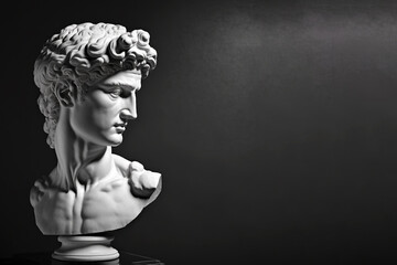 Gypsum statue of David's head, AI generated image, Michelangelo's David statue plaster copy on dark background. Ancient greek sculpture, statue of hero.