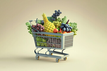 Shopping cart full of groceries. Space for text. AI generated image.