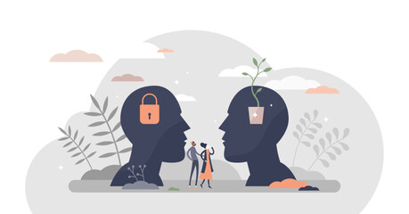 Fixed vs growth mindset with open or locked personality tiny person concept, transparent background. Compared psychological types in symbolic visualization.