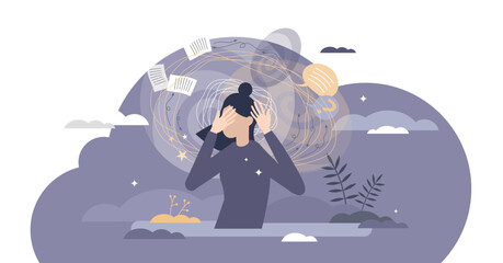 Frustration swirl as dizzy mental feeling problem crisis tiny person concept, transparent background. Work overload pressure caused depression and emotional state illustration.