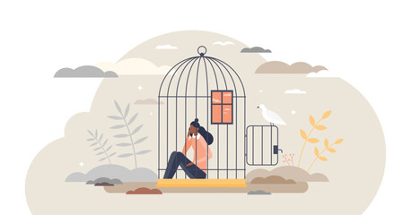 Inner prison as mental state with thought stuck and block tiny person concept, transparent background. Psychological mindset as feeling like trapped in birdcage illustration.