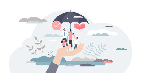 Life insurance as healthcare protection and family safety tiny person concept, transparent background. Future financial support in case of accident or illness illustration.