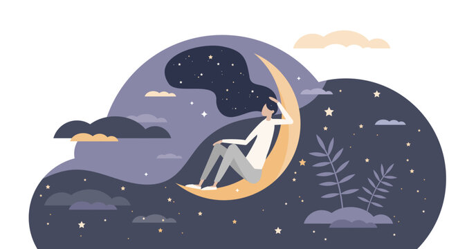 Good sleep at night moon with deep, sweet and healthy dreams tiny person concept, transparent background. Sky with stars as calm and restful bedtime symbol illustration.