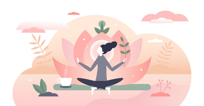 Holistic healing self treatment with peaceful mediation tiny person concept, transparent background.Spiritual therapy for body and mind with harmony yoga illustration.