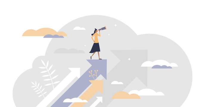 Opportunity as vision for chances and seize the target tiny persons concept, transparent background. Looking for future plans.