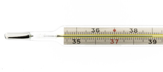 Mercury thermometer showing high temperature 39 isolated on a white background
